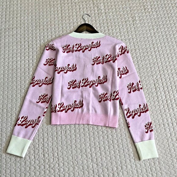 $399 NWT Karl Lagerfeld Women Pink Logo Cardigan Sweater Jacket Rhinestone Heart - Picture 10 of 14
